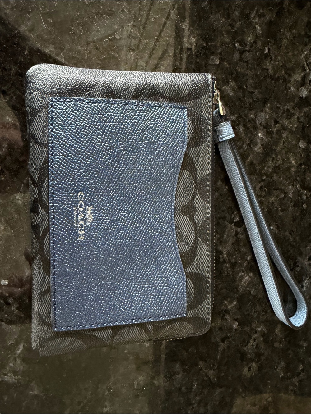 Coach Black Signature Canvas Wristlet with Navy Pocket